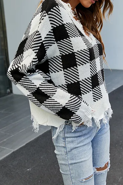 Casual Plaid Tassel Contrast V Neck Tops Sweater