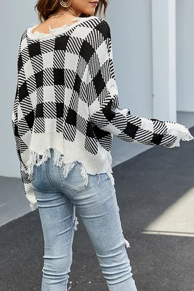 Casual Plaid Tassel Contrast V Neck Tops Sweater