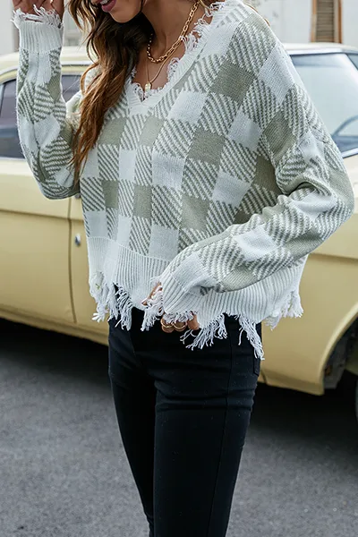 Casual Plaid Tassel Contrast V Neck Tops Sweater