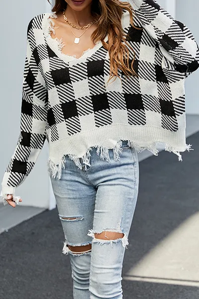 Casual Plaid Tassel Contrast V Neck Tops Sweater