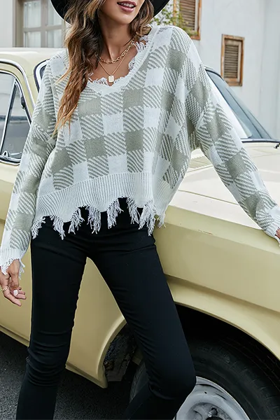 Casual Plaid Tassel Contrast V Neck Tops Sweater
