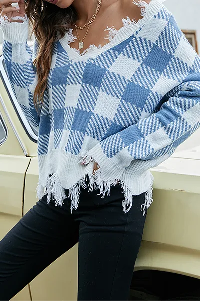 Casual Plaid Tassel Contrast V Neck Tops Sweater
