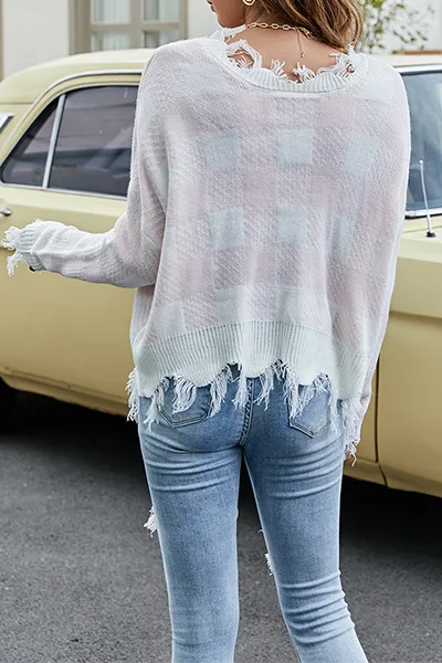 Casual Plaid Tassel Contrast V Neck Tops Sweater