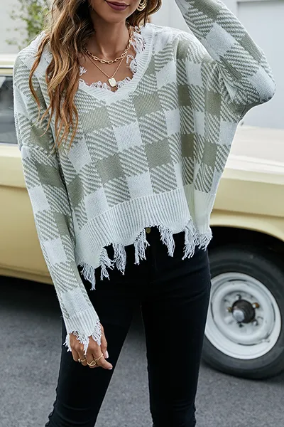 Casual Plaid Tassel Contrast V Neck Tops Sweater