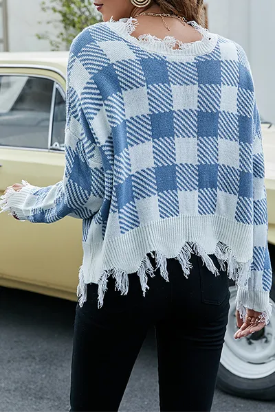 Casual Plaid Tassel Contrast V Neck Tops Sweater
