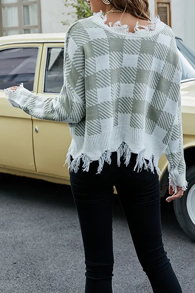 Casual Plaid Tassel Contrast V Neck Tops Sweater