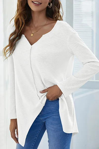 Casual Solid Asymmetrical V Neck Tops(4 Colors)