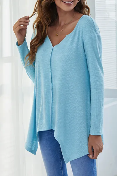 Casual Solid Asymmetrical V Neck Tops(4 Colors)