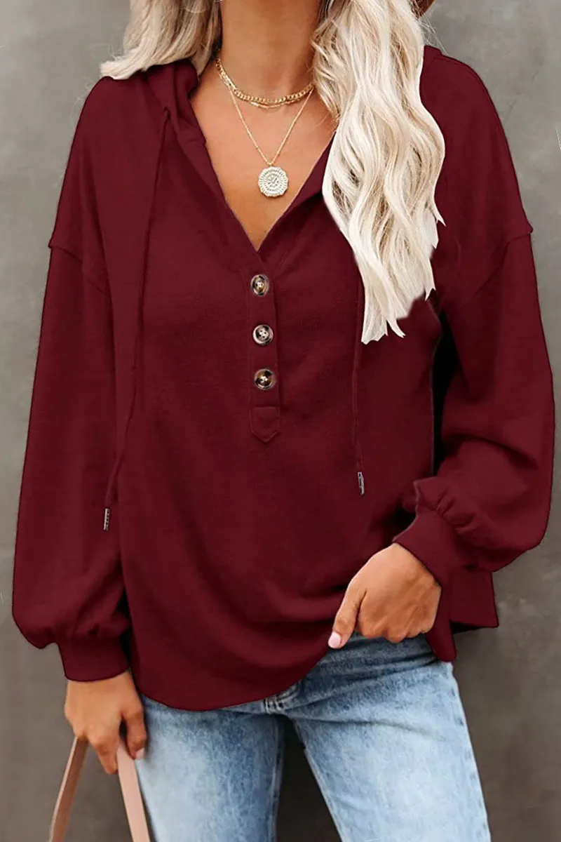 Casual Solid Draw String Buckle Hooded Collar Tops