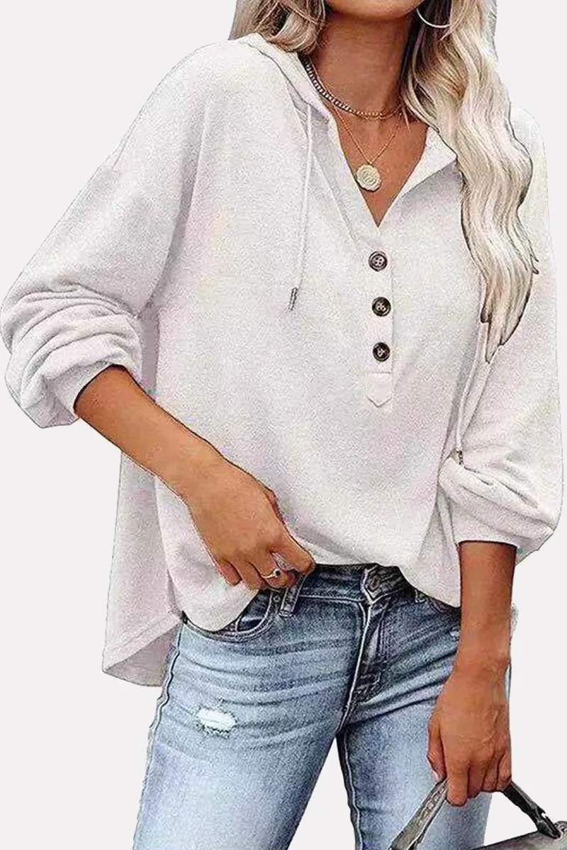 Casual Solid Draw String Buckle Hooded Collar Tops