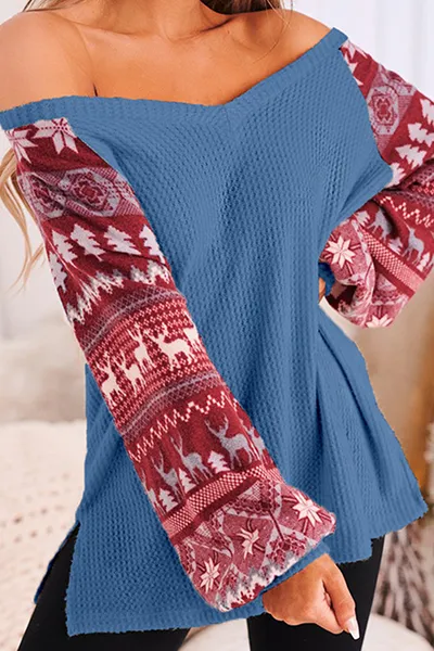 Casual Wapiti Patchwork Contrast V Neck Tops