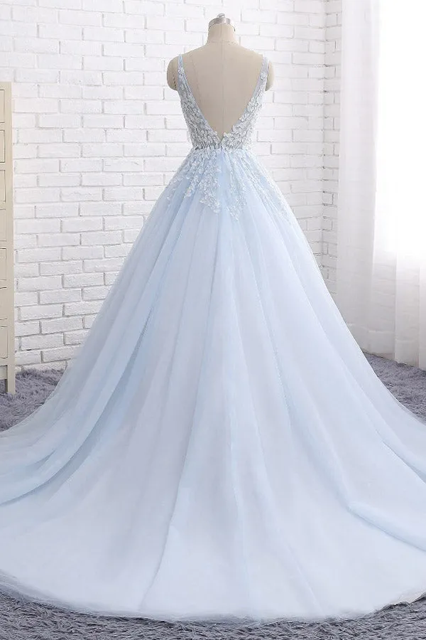 Chapel Train V Neck Sleeveless Backless Appliques Quinceanera Dresses