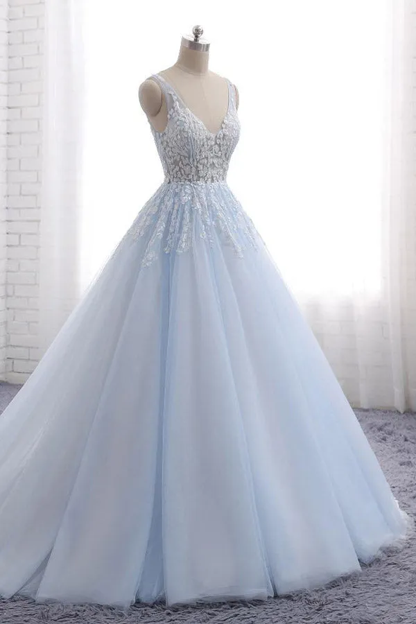 Chapel Train V Neck Sleeveless Backless Appliques Quinceanera Dresses