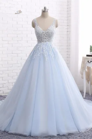 Chapel Train V Neck Sleeveless Backless Appliques Quinceanera Dresses