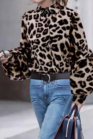 Chicindress Loose Leopard Print Shirt Collar Long Sleeves Tops