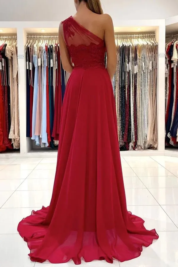 Chiffon A-line One Shoulder Lace Appliques Prom Dresses, Evening Dresses, SP876