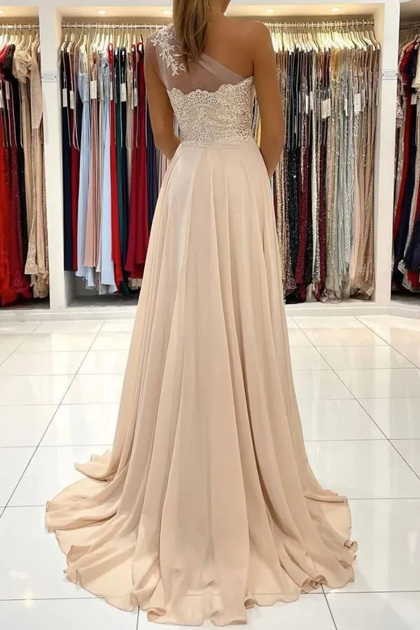 Chiffon A-line One Shoulder Lace Appliques Prom Dresses, Evening Dresses, SP876