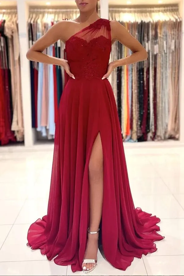 Chiffon A-line One Shoulder Lace Appliques Prom Dresses, Evening Dresses, SP876