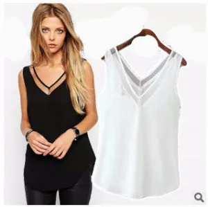 Chiffon Vest Fashion Women Blouses Sleeveless Tops Female Casual Clothing Ladies V Collar Shirts Tanks Body Lace