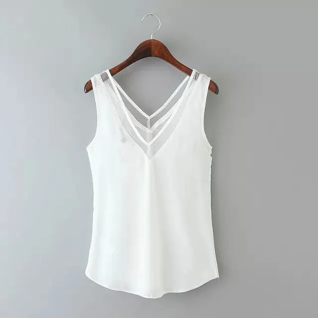 Chiffon Vest Fashion Women Blouses Sleeveless Tops Female Casual Clothing Ladies V Collar Shirts Tanks Body Lace