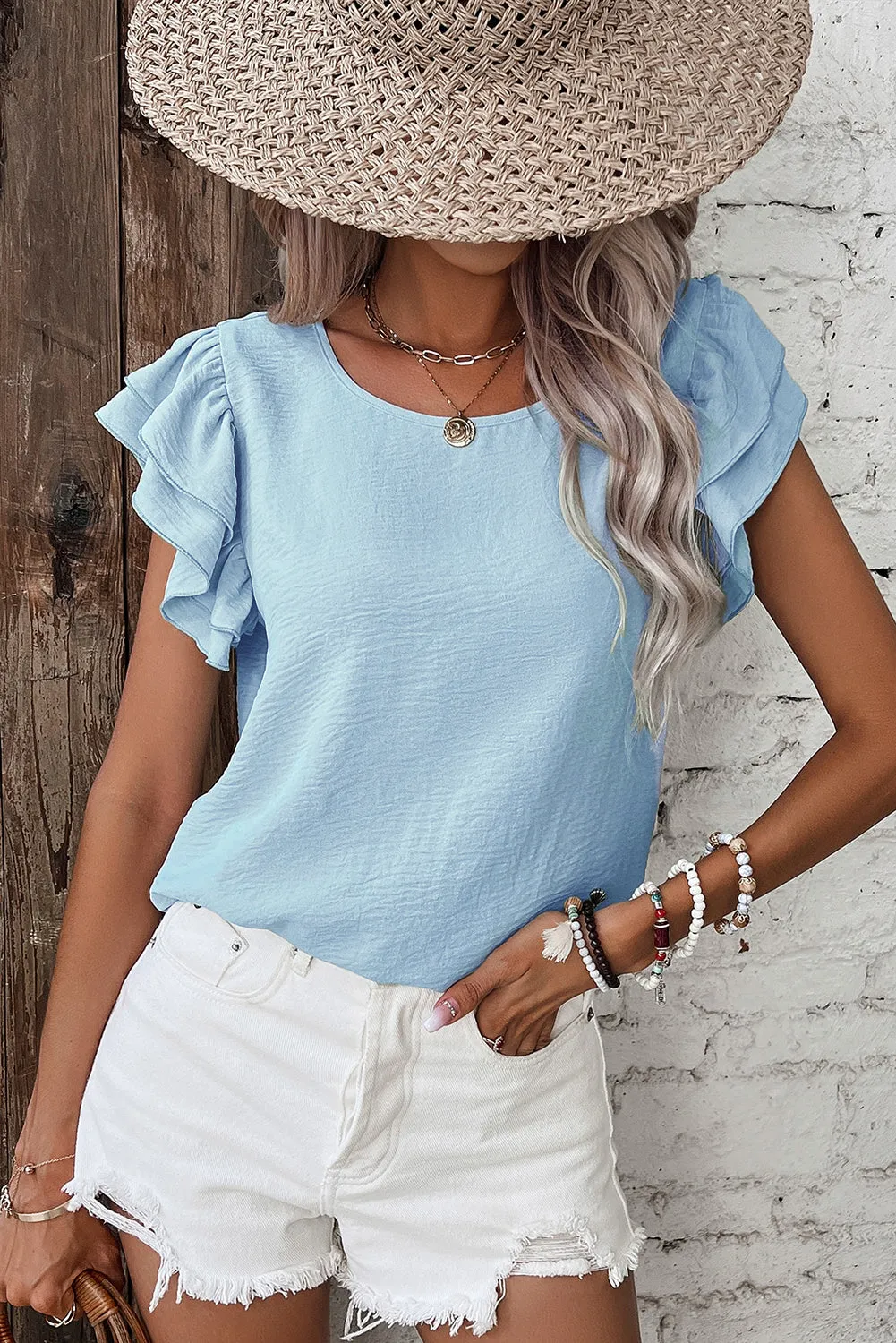 Clearly Aqua Solid Color Ruffled Short Sleeve Casual Blouse