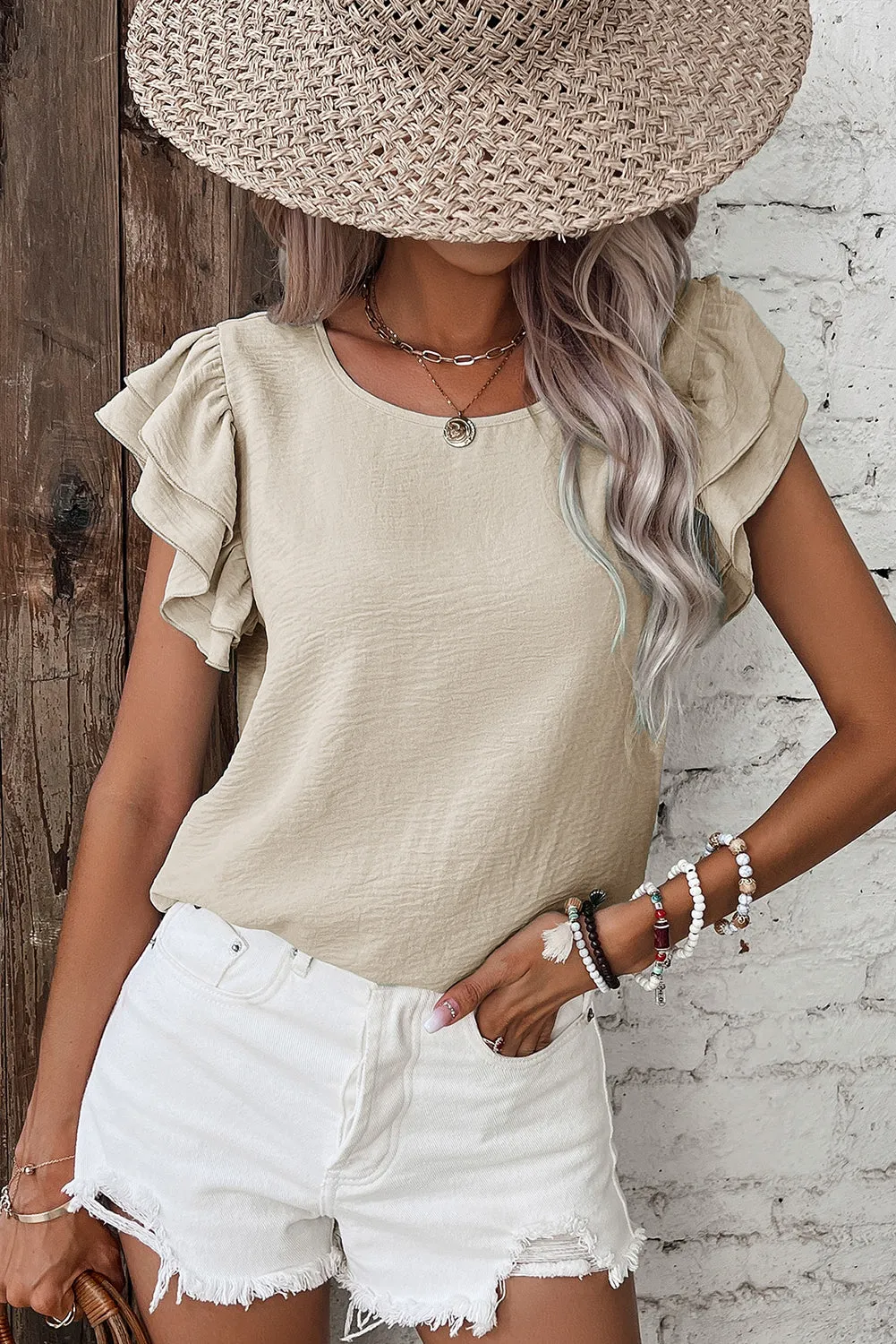 Clearly Aqua Solid Color Ruffled Short Sleeve Casual Blouse