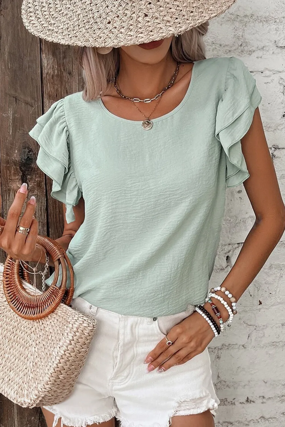 Clearly Aqua Solid Color Ruffled Short Sleeve Casual Blouse