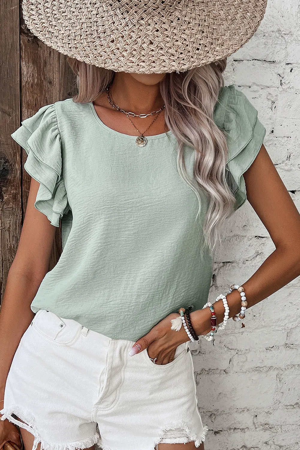 Clearly Aqua Solid Color Ruffled Short Sleeve Casual Blouse