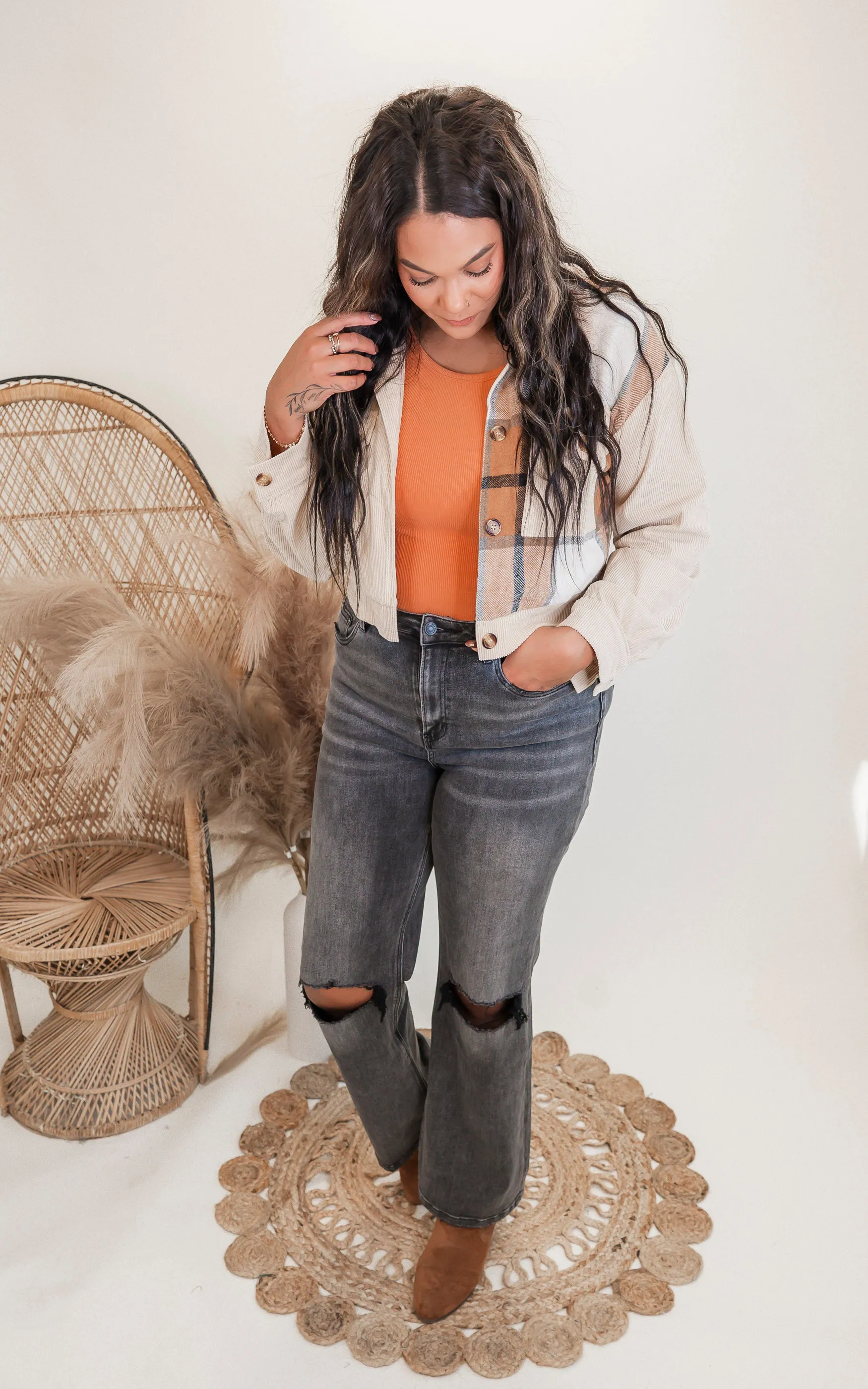 Corduroy Splicing Plaid Button Crop Jacket - Final Sale