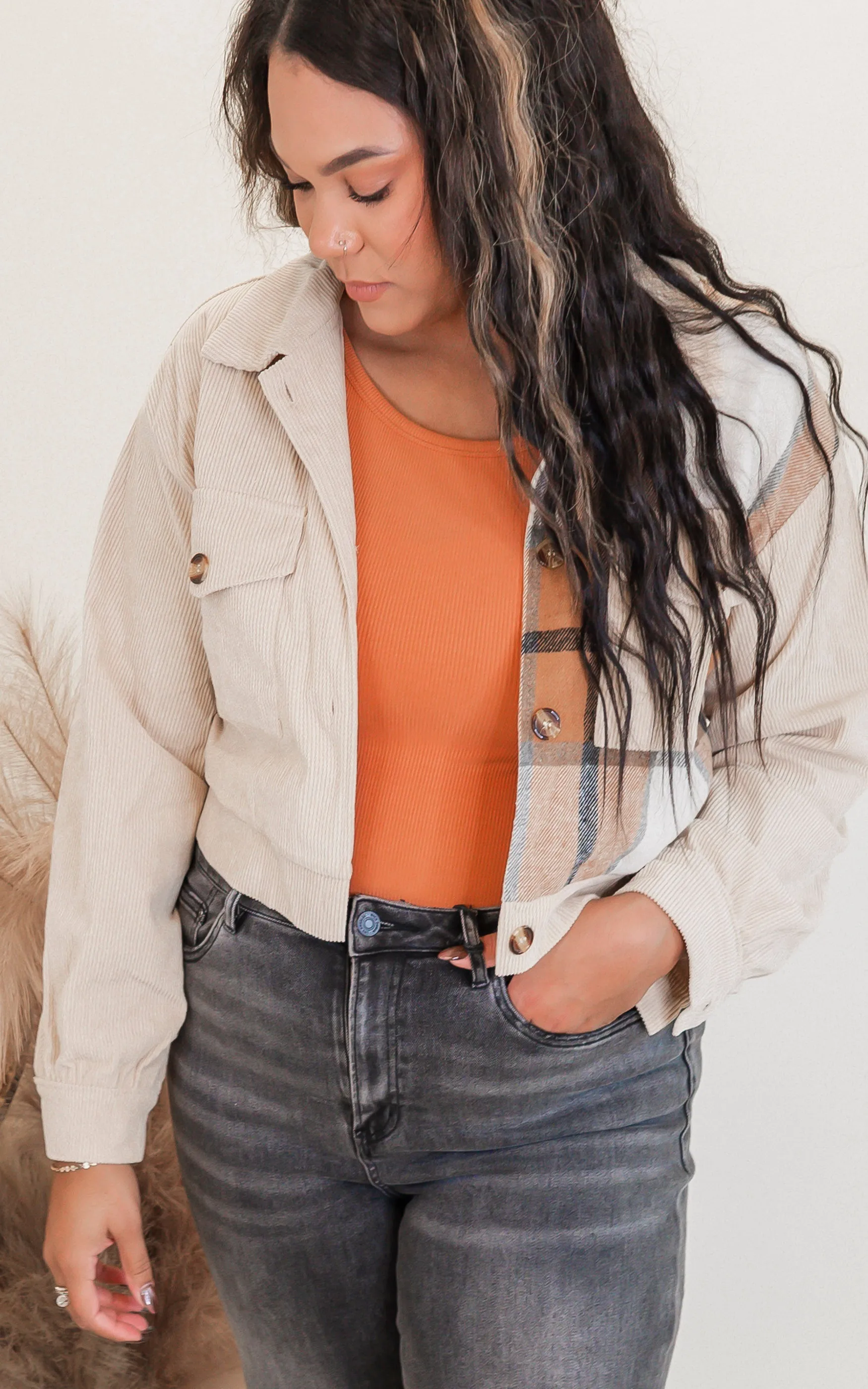 Corduroy Splicing Plaid Button Crop Jacket - Final Sale