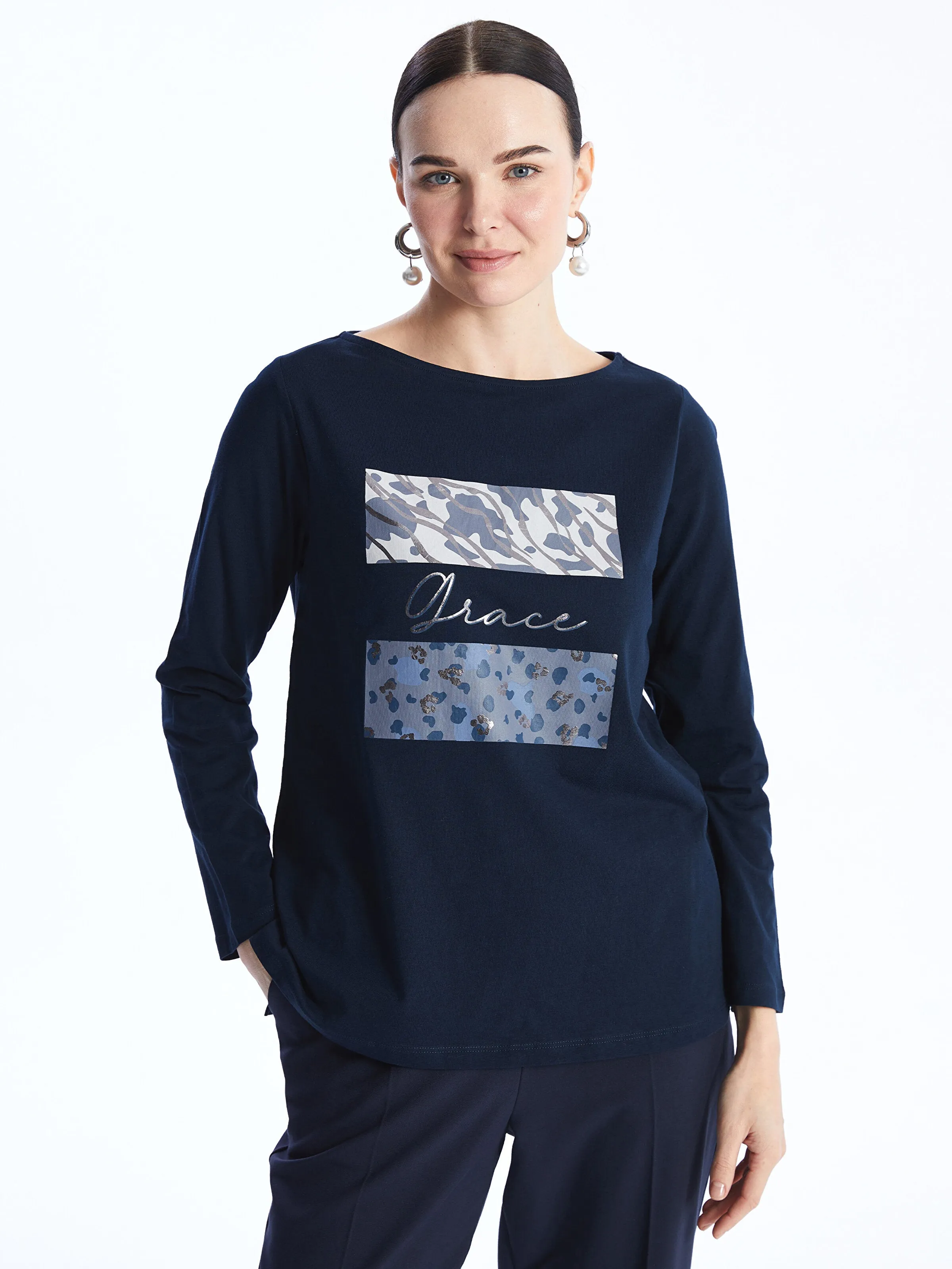 Crew Neck Printed Long Sleeve Women T-Shirt