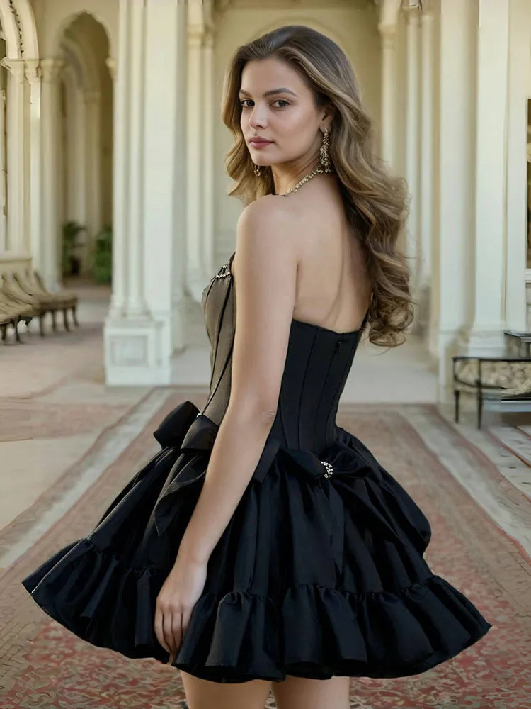 Cute Ruffles Black Sleeveless Homecoming Dresses with Bowknot