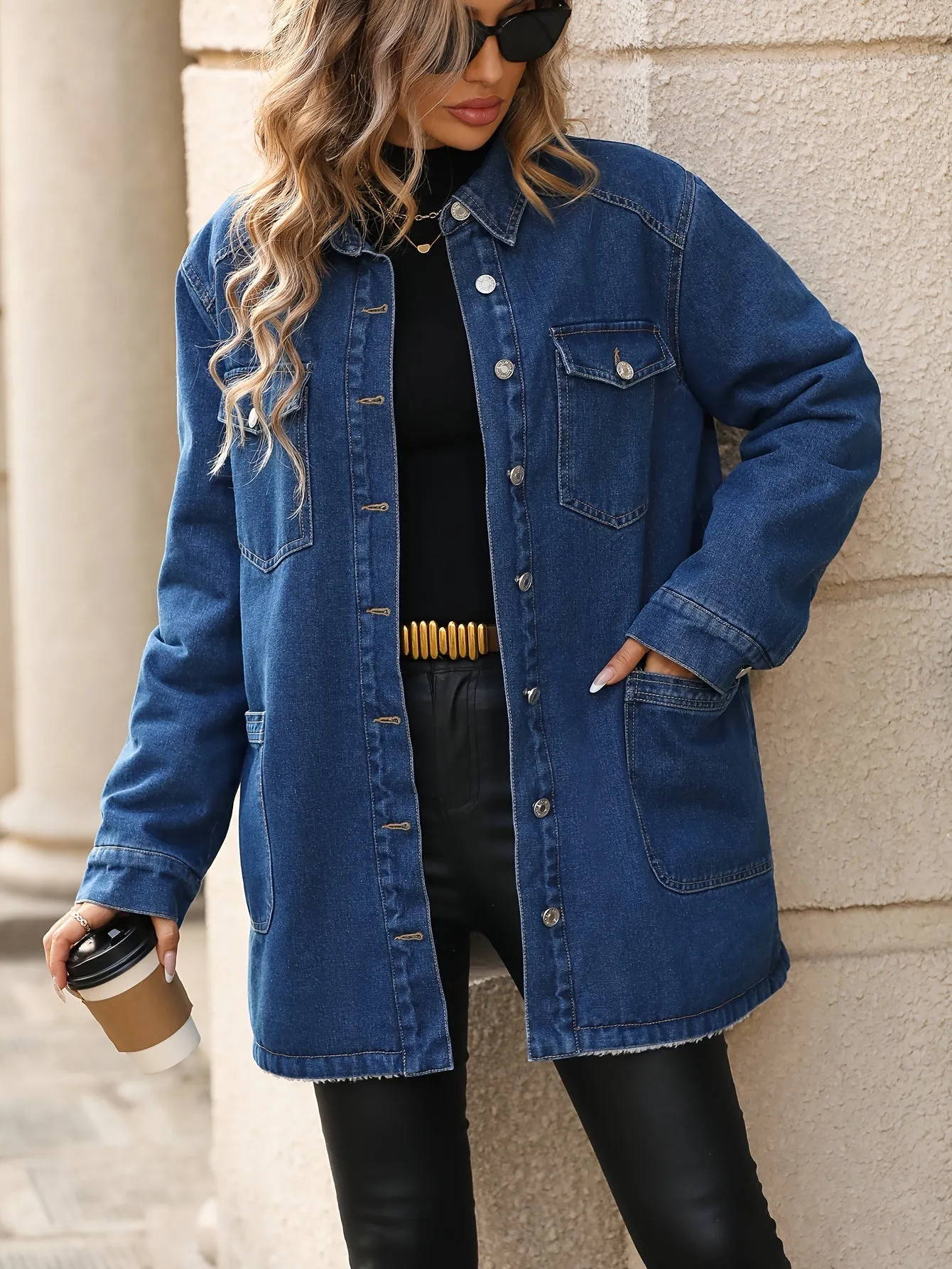 Damen Denim Mantel mit Fleecefutter