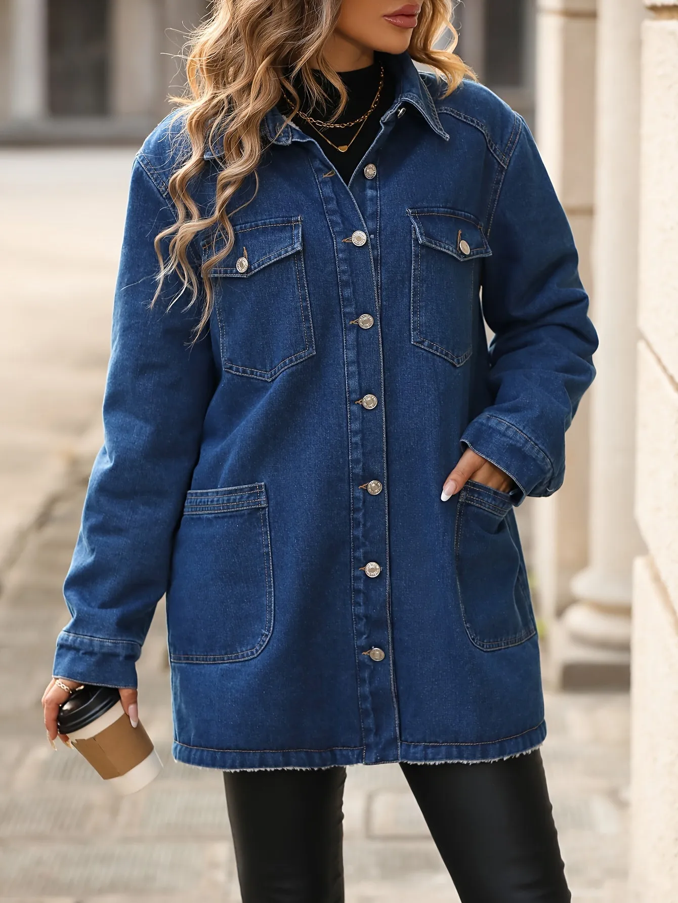 Damen Denim Mantel mit Fleecefutter