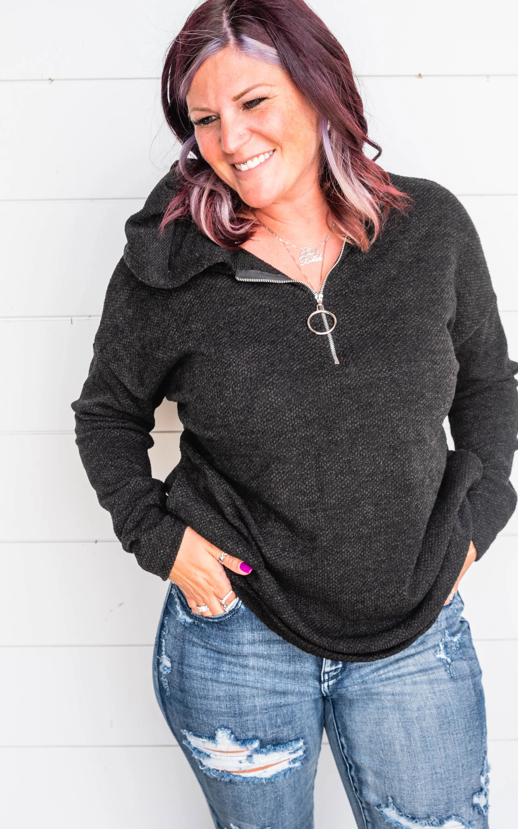 Dark Charcoal Knit Half Zip Hoodie Pullover - Final Sale