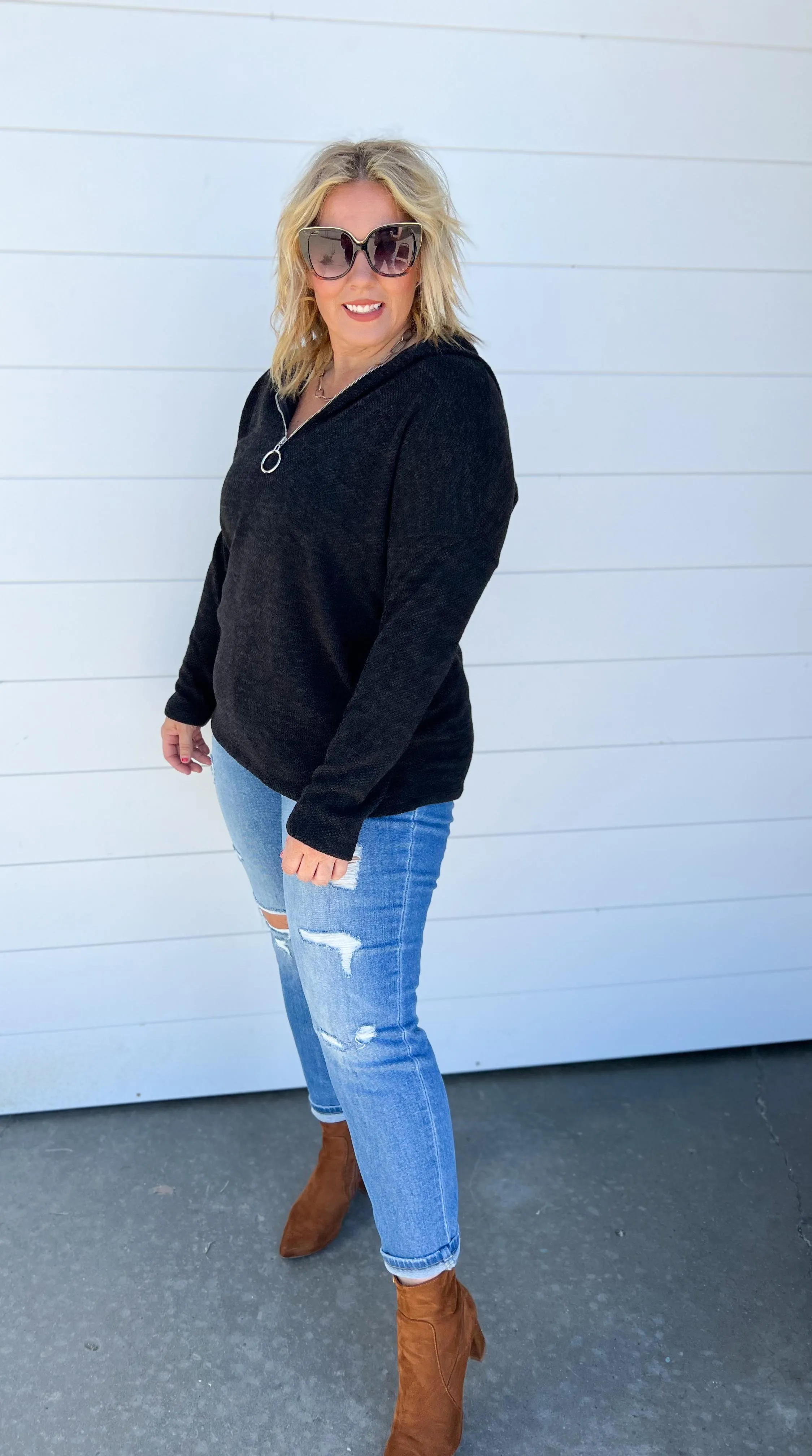 Dark Charcoal Knit Half Zip Hoodie Pullover - Final Sale