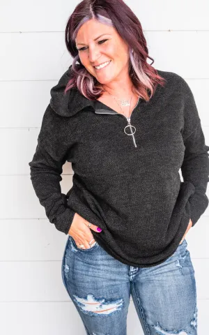 Dark Charcoal Knit Half Zip Hoodie Pullover - Final Sale