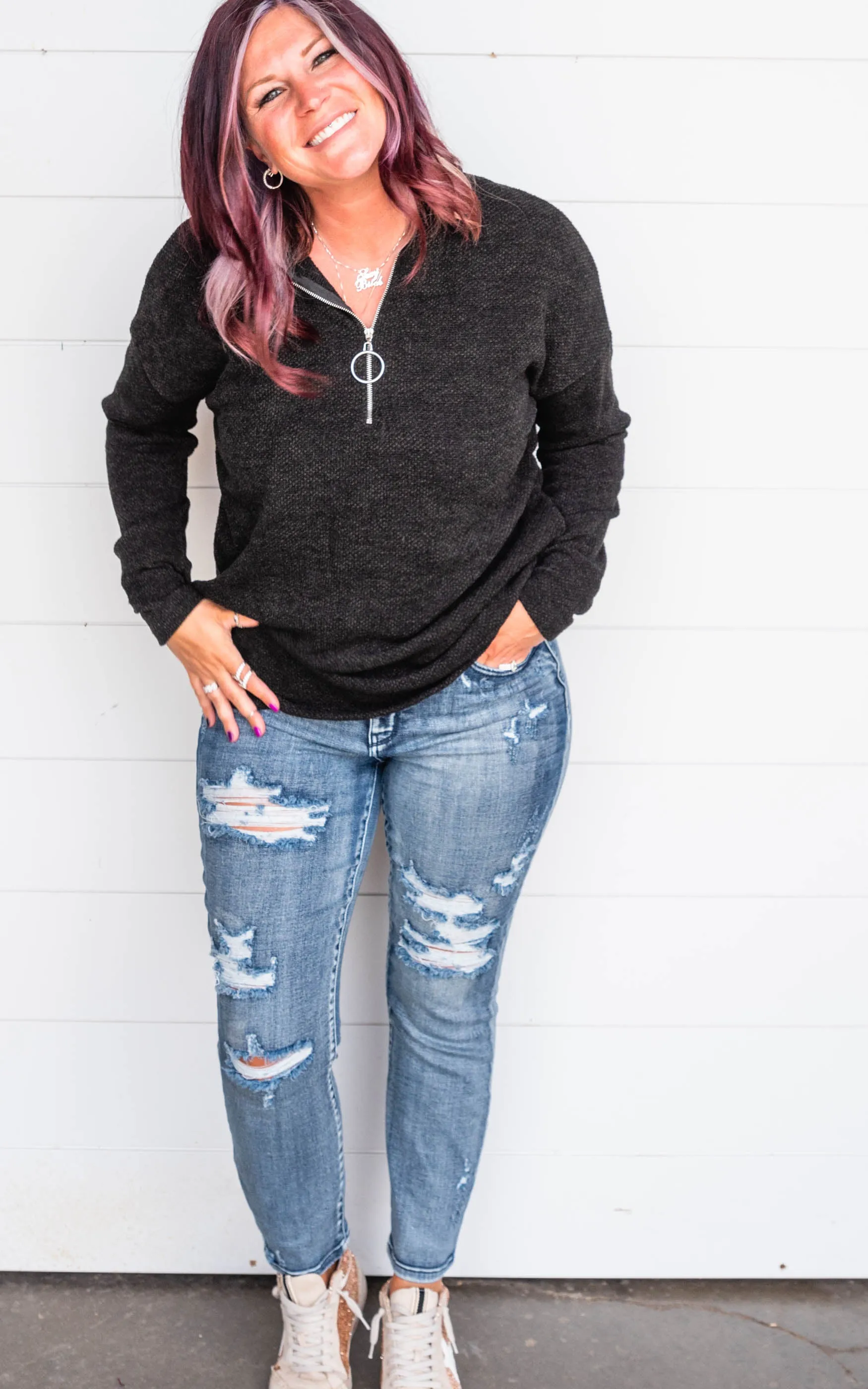 Dark Charcoal Knit Half Zip Hoodie Pullover - Final Sale