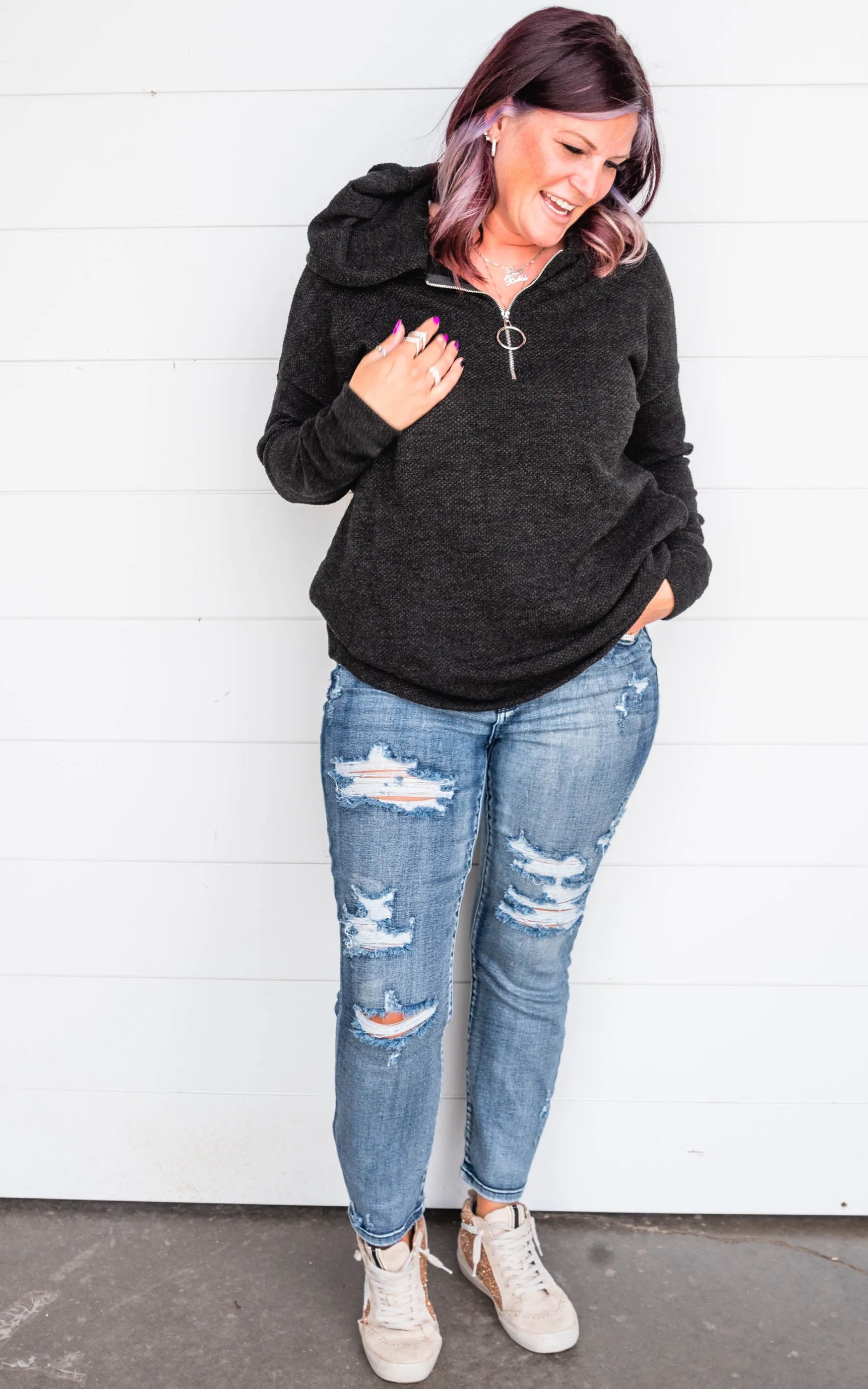 Dark Charcoal Knit Half Zip Hoodie Pullover - Final Sale