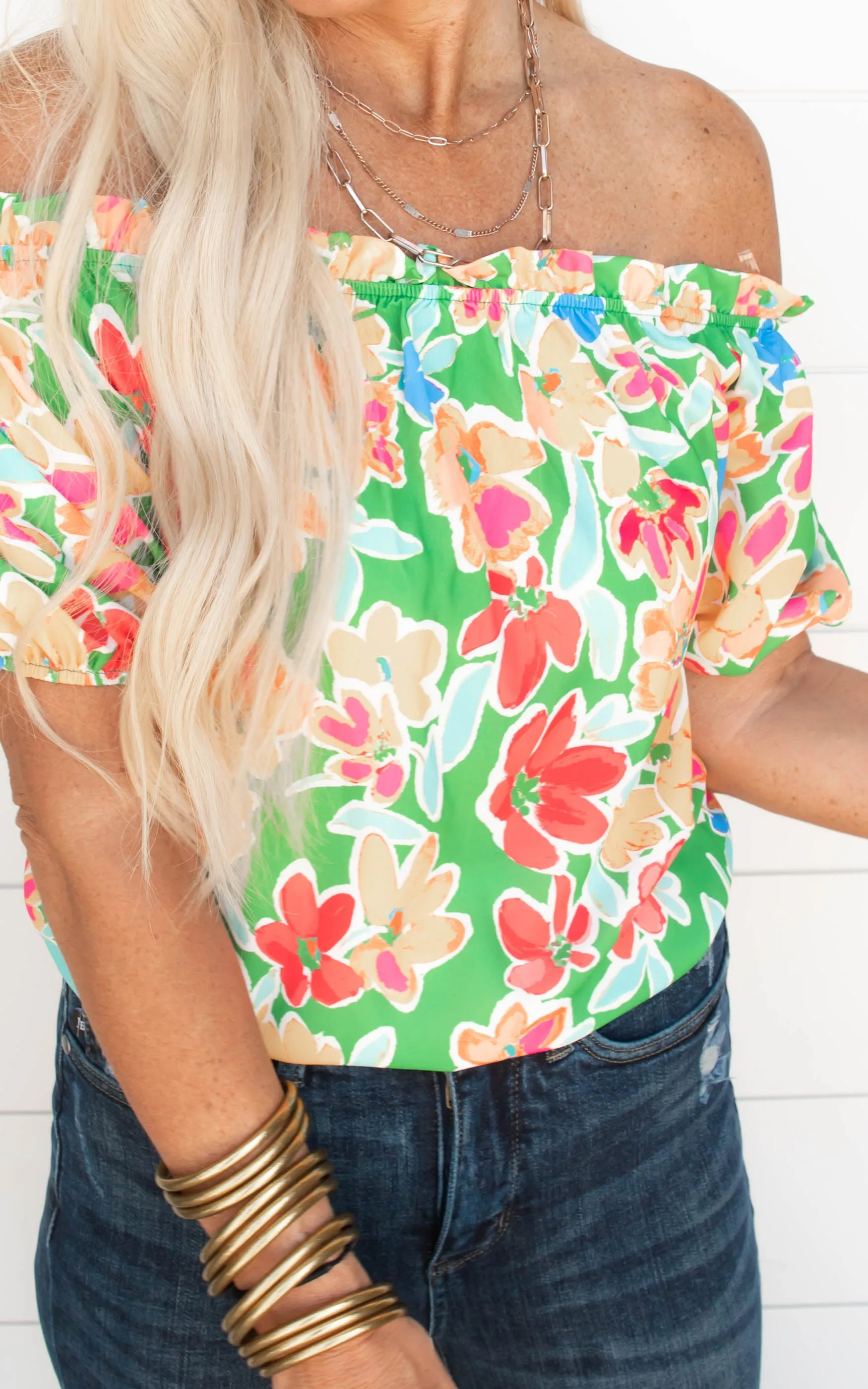 Darling Green Off the Shoulder Floral Blouse Top - FINAL SALE