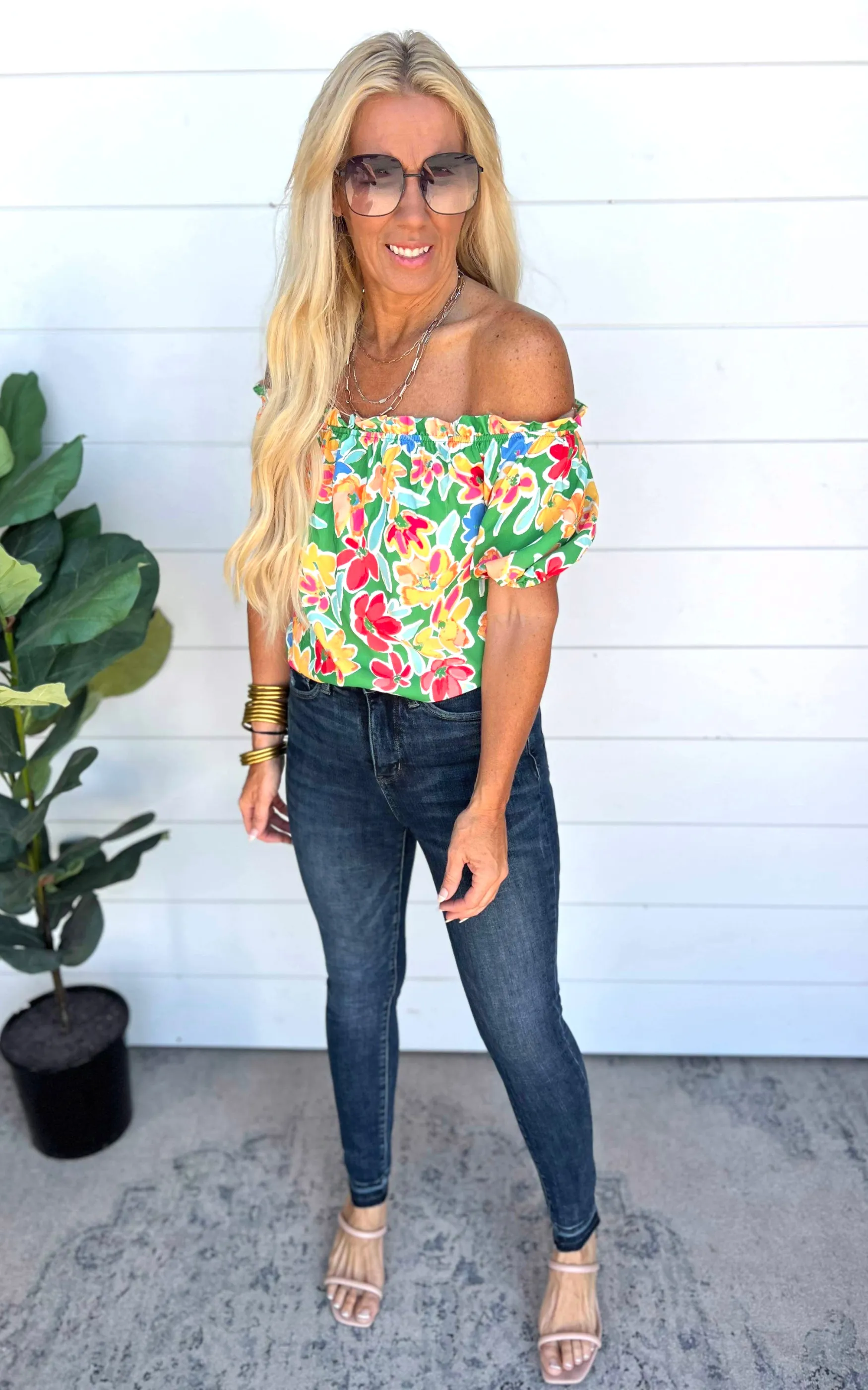 Darling Green Off the Shoulder Floral Blouse Top - FINAL SALE