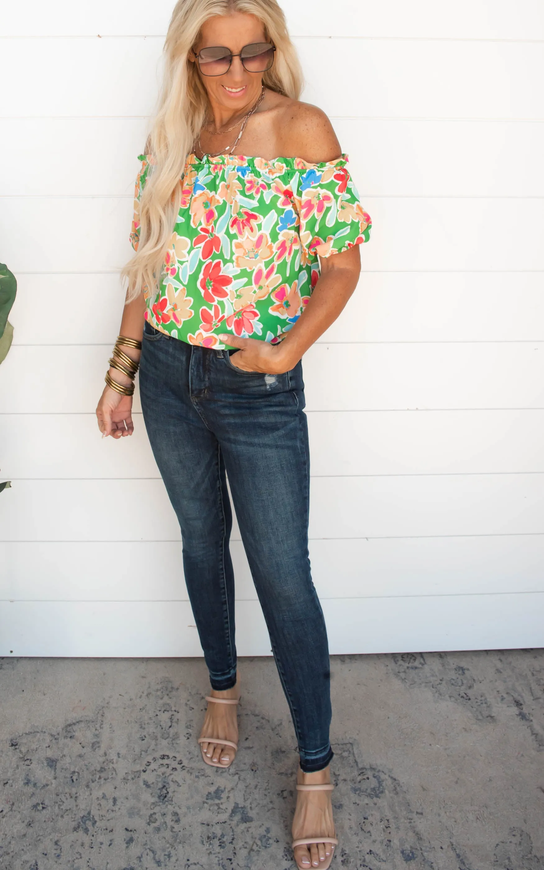 Darling Green Off the Shoulder Floral Blouse Top - FINAL SALE