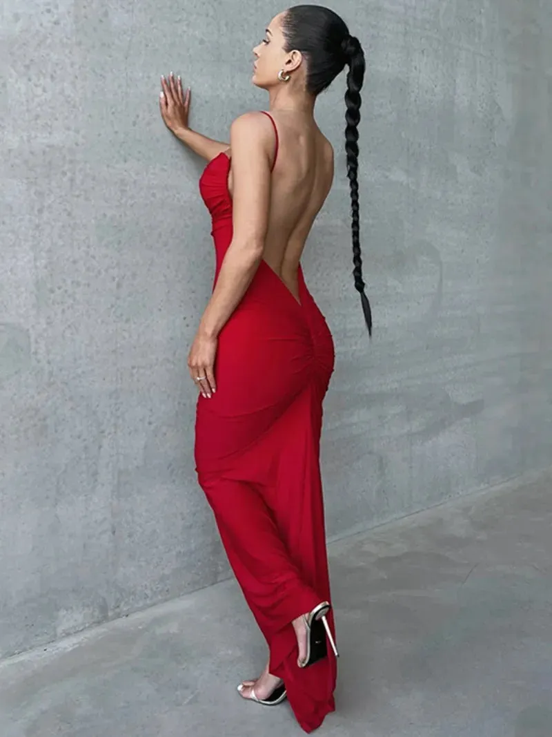 Elegant Chic Backless Long Maxi Dresses for Women Spring Summer Fall Sleeveless Slash Neck High Waist Bodycon Party Dress