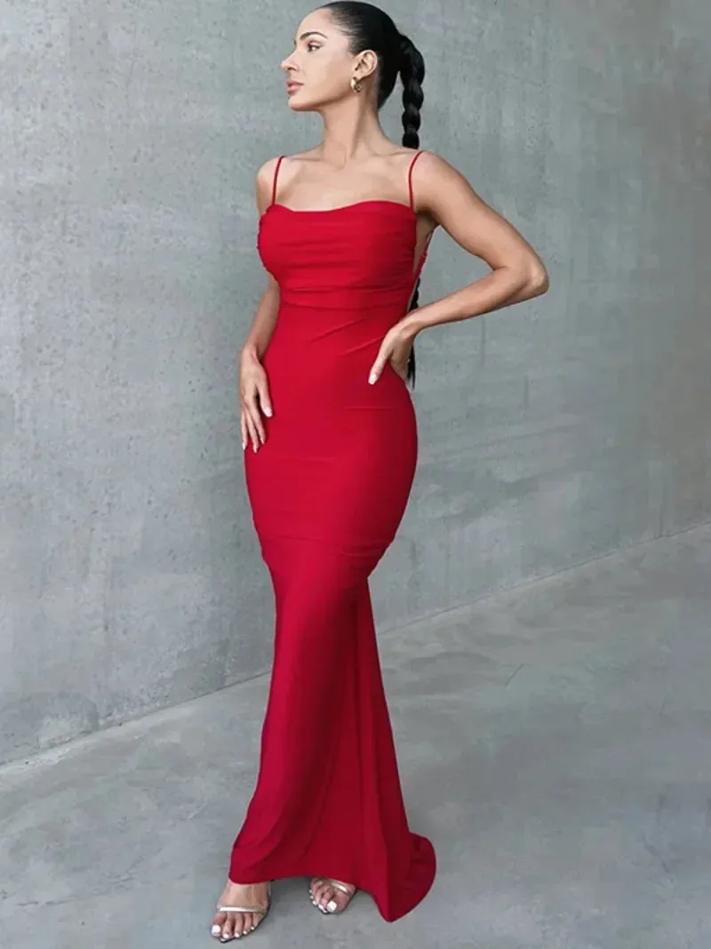 Elegant Chic Backless Long Maxi Dresses for Women Spring Summer Fall Sleeveless Slash Neck High Waist Bodycon Party Dress