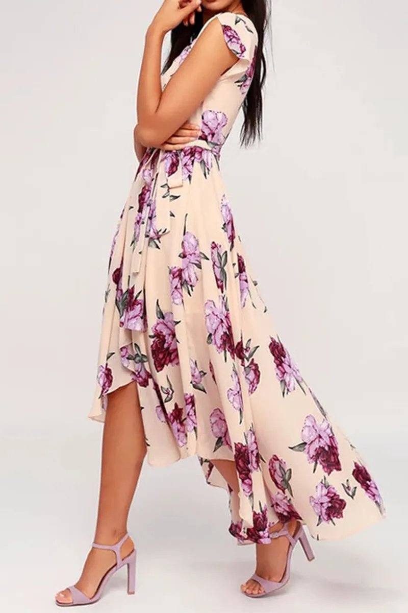 Elegant Floral Frenulum With Belt Irregular Dress Dresses(3 colors)