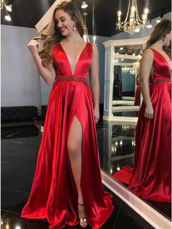 Elegant V Neck Red Satin Long Prom 2020 with High Slit, V Neck Red Formal Graduation Evening