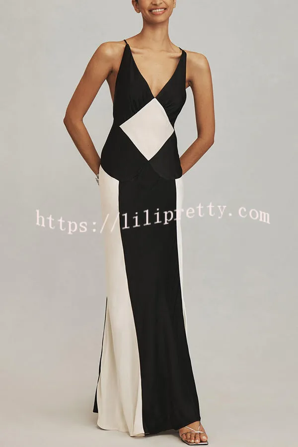 Extreme Elegance Satin Contrast Color V Neck Maxi Dress