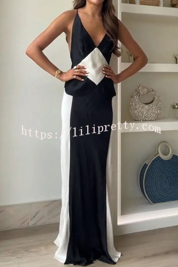 Extreme Elegance Satin Contrast Color V Neck Maxi Dress