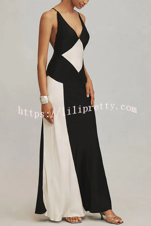 Extreme Elegance Satin Contrast Color V Neck Maxi Dress