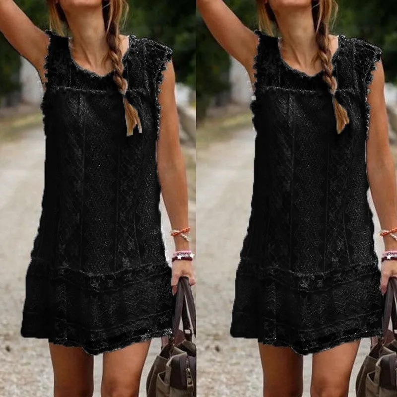 Fashion Summer Dress Casual Solid Sleeveless O-Neck Plus Size Loose Beach Lace Party Women Dresses Sexy Mini Vestidos